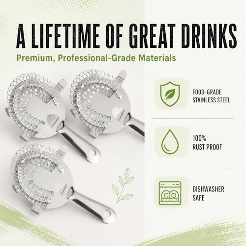 Hawthorne Strainer for Cocktails - Professional Bar Strainer - 4 Prong Design - Bartender Strainer for Shaker - Use for Cocktail Shakers with Strainer - Stainless Steel Strainer Set - 3 Pack