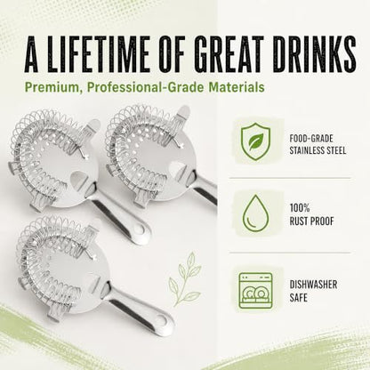 Hawthorne Strainer for Cocktails - Professional Bar Strainer - 4 Prong Design - Bartender Strainer for Shaker - Use for Cocktail Shakers with Strainer - Stainless Steel Strainer Set - 3 Pack