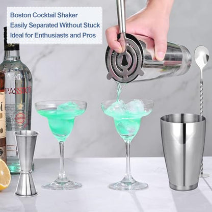 Mwellewm Cocktail Shaker Boston Shaker Set 15 Pcs Professional Bartender Kit Bar Shaker Stainless Steel Drink Shaker Bartending Martini Shaker Tin Mixed Alcohol Shaker Tool for Beginner(Silver) - color: Silver
