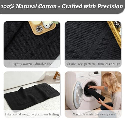 100% Cotton Bath Mat 20" x 32"for Bathroom, Black | Hot-melt Non-Slip Backing, Washable Textured Woven Bath Rug, Soft Comfortable & Absorbent Bathmat 20x32
