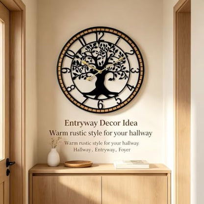 Large Wall Clock for Living Room Decor 22 Inch Tree of Life Metal Wall Art, Non-Ticking Battery Operated Metal Black with Solid Wood Frame for Office/Bedroom/Kitchen/Dining Room Decoration - size: B 22 Inch