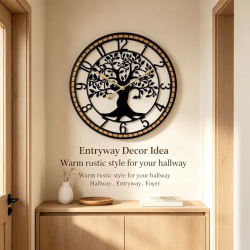 Large Wall Clock for Living Room Decor Tree of Life Metal Wall Art, Non-Ticking Battery Operated Metal Black with Solid Wood Frame for Office/Bedroom/Kitchen 27inch - size: B 27 Inch