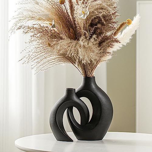Lvases Snuggle Hollow Ceramic Vase Set of 2 for Nordic Boho Pampas Decor | Modern Decorative Vase for Home Decor coffee Table Centerpiece Living Room Book Shelf ( Matte Black W 6.3" X H 8.4" ) - color: Large Matte Black