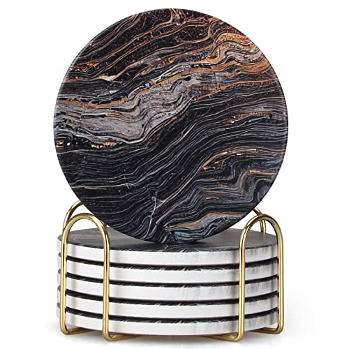 6 Pcs Black Ceramic Stone Modern Coasters with Holder Best Absorbent Drink Coasters Round Ceramic Table Coasters Set Best Coffee Table Ceramic Coaster Set - color: Black Marble