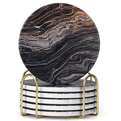 6 Pcs Black Ceramic Stone Modern Coasters with Holder Best Absorbent Drink Coasters Round Ceramic Table Coasters Set Best Coffee Table Ceramic Coaster Set - color: Black Marble