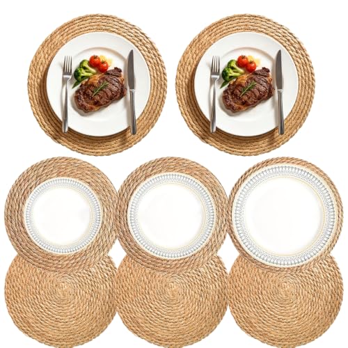 8 Pack 12 Inch Round Wicker Woven Placemats | Natural water hyacinth braided rattan mats, boho farmhouse style for indoor & outdoor table decor - size: 12 Inch Set of 8