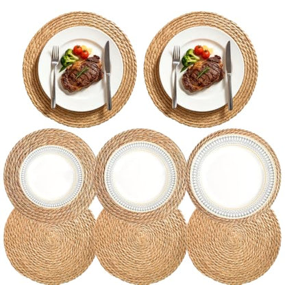 8 Pack 12 Inch Round Wicker Woven Placemats | Natural water hyacinth braided rattan mats, boho farmhouse style for indoor & outdoor table decor - size: 12 Inch Set of 8
