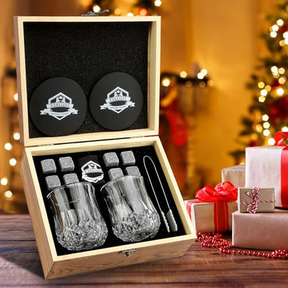 Whiskey Stones Glass Gifts Set - Bourbon Scotch Whiskey Glasses Set of 2 | 8 Granite Chilling Rocks in Premium Wood Box, Best Dsrinking Gift for Men Dad Husband Fathers Day Birthday Holiday Christmas - style: Pineapple Glasses+Granite Stones