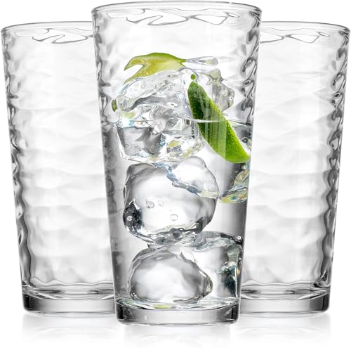 Glaver's Hammered Glass Cups. Cocktail Drinking Glasses Set of 6 Tall Kitchen Glasses, 17 oz Water Glassware For Bar, Juice, Beer, Iced Tea, Everyday Cordial Glasses Drinkware. - size: 17 Ounces