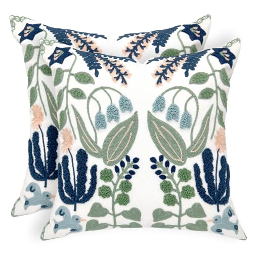 Alysheer Summer Floral Embroidered Decorative Throw Pillow Covers 18"x 18" Set of 2, Farmhouse Navy Blue Flowers Green Leaves Tufted Patterned Cotton Cushion Cases for Couch Bed Living Room Decor - color: - Blue Green, size: 18" x 18" (Pack of 2)