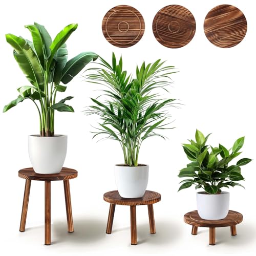 3 Pack Wooden Plant Stand Indoor, Mid-Century Modern Stool | 3 pack wooden plant stool for 6-11" pots, tall corner flower pot holder for indoor & outdoor living room, balcony & patio