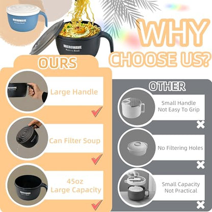 Layron 2 Sets Microwave Ramen Cooker Bowl 45 oz Instant Noodle Bowl with Handles Ramen Noodle Cooker with Spoon Chopsticks Fork Knife College Dorm Room Essentials(Black, Black) - color: Black