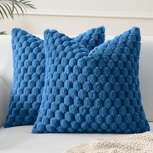 MIULEE Navy Blue Faux Fur Decorative Throw Pillow Covers 20x20 Inch Set of 2 Super Soft Cozy Plush Cushion Cases Luxury Fluffy Pillowcases for Sofa Couch Bed Living Room - color: Navy Blue, size: 20" x 20" (Pack of 2)