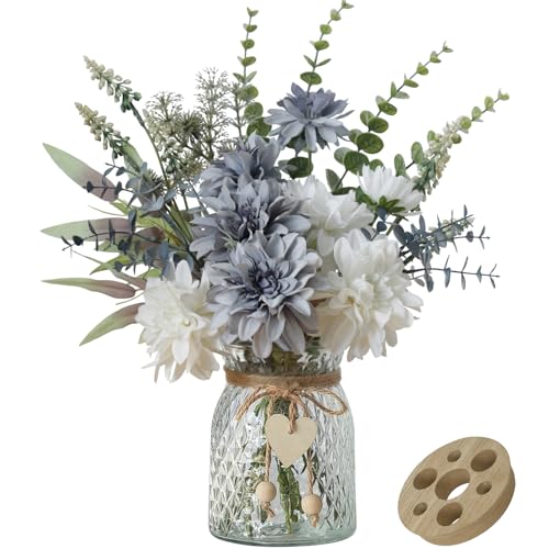 Fake Flowers with Vase,Silk Dahlia Flowers,Artificial Flowers in Vase,Centerpiece Table Decorations,Flower Centerpieces for Tables,Kitchen Table Decor,Coffee Table Decor - color: Grey Blue