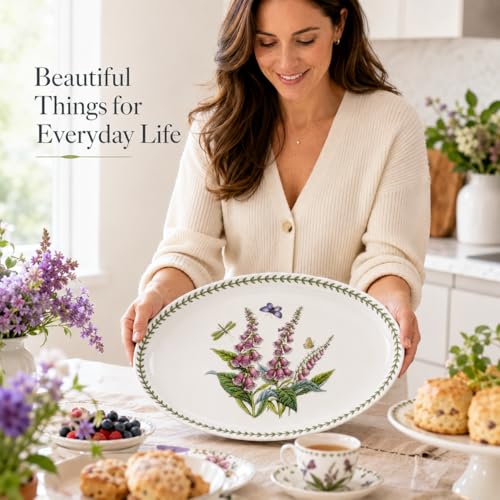Portmeirion Botanic Garden Oval Platter - Porcelain & Foxglove Motif | 13" Serving Platter for Appetizers, Desserts & More - Dishwasher, Microwave, Freezer & Oven Safe with Chip-Resistant Glaze