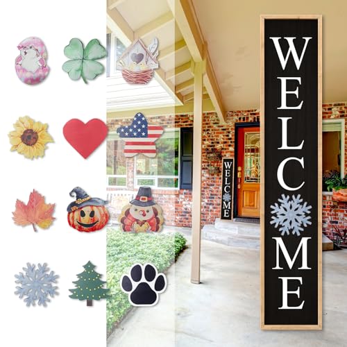 Interchangeable Welcome Sign for Front Porch Door, 45"X9" Wood Black | Outdoor Leaner Home Wooden Frame, 12 Pcs Replaceable Icons, Outside Standing Seasonal Holiday Decorations - color: Interchangeable With 12 Pcs (Wood Black), size: 45"X9"