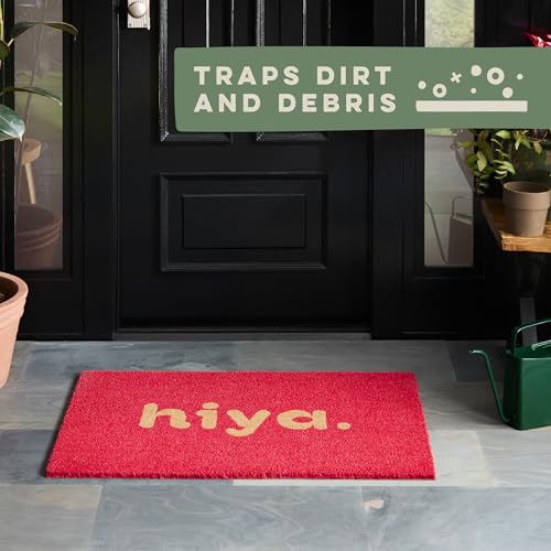 TOWN & COUNTRY TERRA Hiya Painted Welcome Door Mat, Natural Coir, Heavyweight, Non-Slip Entryway Mat, Red, 24"x36" - color: Red, size: 2' x 3' (Rectangular)