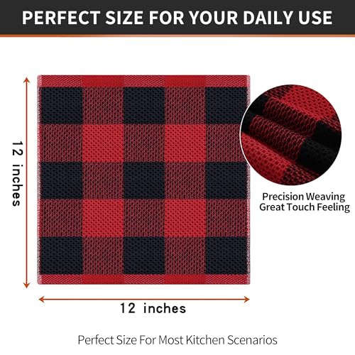 Homaxy 100% Cotton Check 8 Pack Dish Cloths, 12" x 12", Black & Red | Waffle Weave, Plaid, Super Soft and Absorbent Dish Rags, Quick Drying, Multi-Purpose - color: Black & Red, size: 12 x 12 - 8 Pack