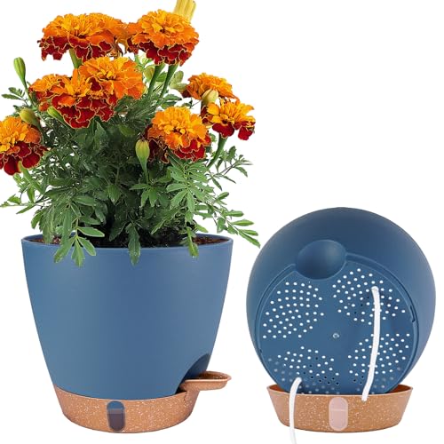 2 Pack 8 inch Plant Pots, Plastic Self Watering Planters | Drainage Holes, Deep Reservoir, Water Level Indicator, Modern Decorative Flower Pots for Indoor Outdoor Plants, Navy Blue - color: Navy Blue, size: 8 Inch