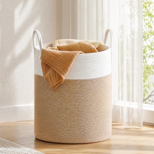SONGMICS HOME Large Laundry Hamper, Tall Woven Rope Storage Basket for Blanket, Toys, Dirty Clothes in Living Room, Bathroom, Bedroom, White & Brown, 50 L/13.2 Gal - color: White + Brown, size: 50 L