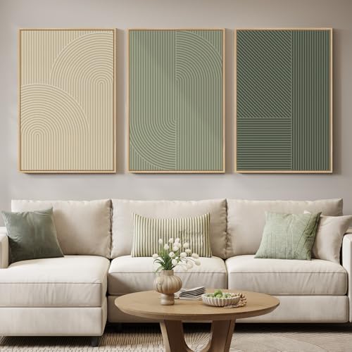 Large Framed Green Neutral Beige Abstract Wall Art for Living Room, 24x36 | Modern geometric pictures, Canvas prints, Wood frame, 3 piece minimalist painting, Wall decor for bedroom dining room hallway - color: Cream Sage, size: 24" W x 36" H x 3pcs