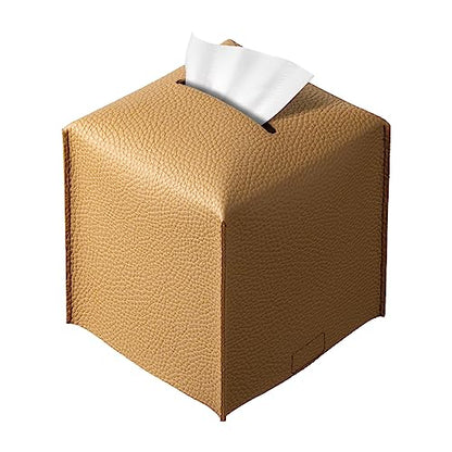 REGELETO Square Tissue Box Cover, Pu Leather Tissue Box Holder with Bottom Belt Modern Stylish Tissue Box Organizer for Bathroom, Bedroom, Hotel, Office Desk 5"X5"X5" - color: Single-camel