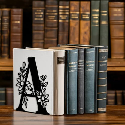 5.3"x4.3"x7.1" Metal Bookends, Heavy Duty Book Ends for Shelves | Letter A with Flower Theme Cast Iron Book Supports, 1 Pair Decor Stoppers for Desk, Library, Office & Home Shelves - style: Letter A with Flower