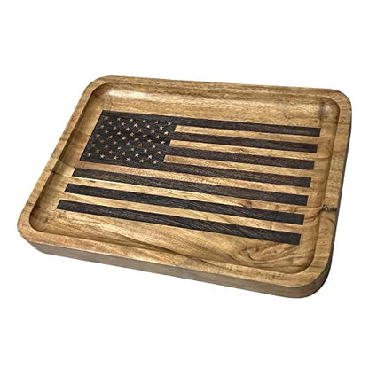American Flag Valet Tray for Men - Wood EDC Catchall Tray | Laser-Engraved Wooden Tray, Patriotic Key Bowl, Nightstand & Entryway Organizer, Law Enforcement and Police Officer Gifts
