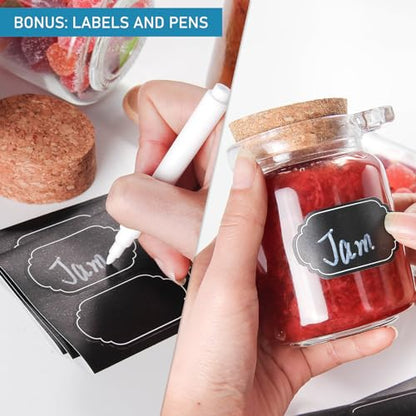 YEBODA 10 oz Small Glass Storage Jars with Cork Lids and Spoons, 12 Pack | Clear jars for spices, bath salts, sugar scrubs, yogurt and DIY gifts; includes labels, marker and funnel.