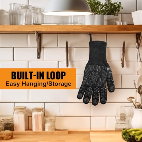 BBQ Gloves, 1472°F Heat Resistant with Silicone Grip Oven Mitts | Non-Slip Grip, for BBQ, Grilling, Oven, Smoker, Cooking and Baking - color: Black, size: Long (Glove L 13.78" × Palm W 6.33")