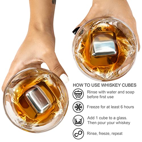 4 XL Stainless Steel Whisky Ice Cubes, Special Tongs & Freezer Pouch in Luxury Gift Box for Whiskey Lovers!