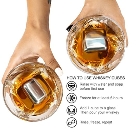 4 XL Stainless Steel Whisky Ice Cubes, Special Tongs & Freezer Pouch in Luxury Gift Box for Whiskey Lovers!