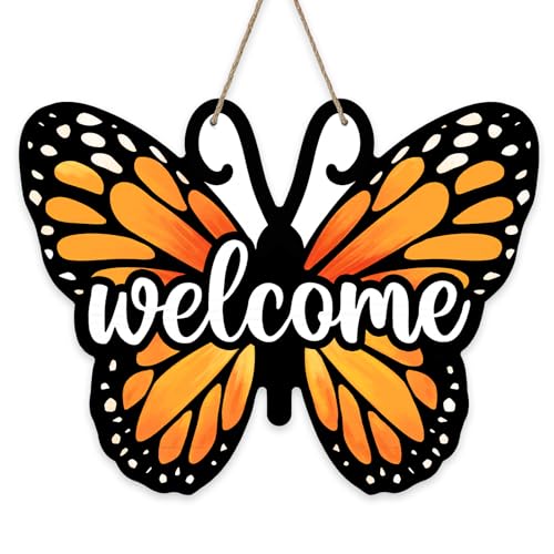 Welcome Spring Summer Butterfly Front Door Sign, Orange Farmhouse | Wood Door Hanger Outdoor Outside Porch Decor, Seasonal Wooden Wreath Indoor Wall Hanging Decoration - color: Butterfly