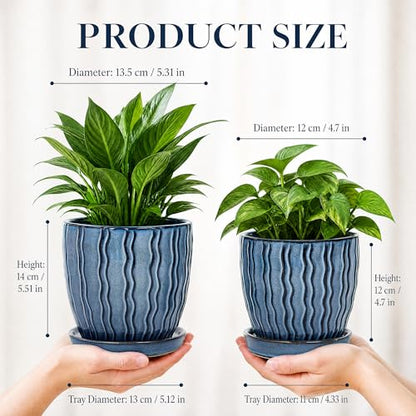 Ceramic Plant Pots, Modern Flower Pots, Small Plant Pots 4.5+5.5inch | Flower Pots Indoor Planters with Drainage and Tray, Modern Indoor Plant Pots for Home and Office, Small Planters - color: Blue