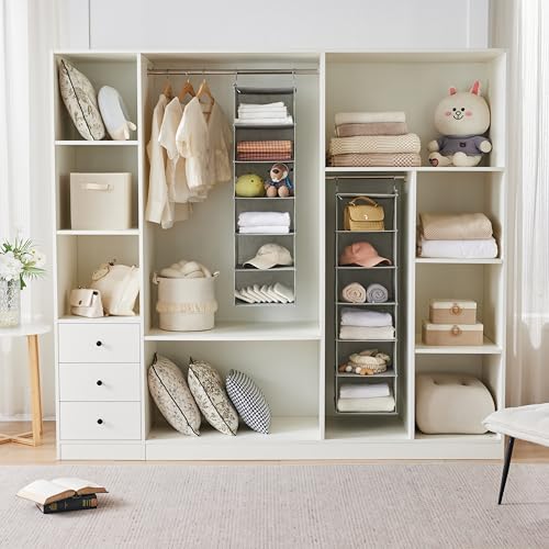 MAX Houser 6 Tier Shelf Hanging Closet Organizer, Closet Hanging Shelf with 2 Sturdy Hooks for Storage,2 Pack, Foldable (Light Grey) | Dorm Room Essentials with 2 sturdy hooks, foldable lightweight fabric closet storage, space-saving design for Bedroom -