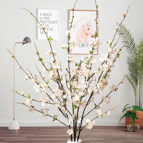 florisso Cherry Blossom Branches, Long Stem Artificial Flowers for Tall Vase, 47" Faux Plum Blossoms for Home Living Room Indoor Office Wedding Garden Decoration (4PCS, White) - color: White