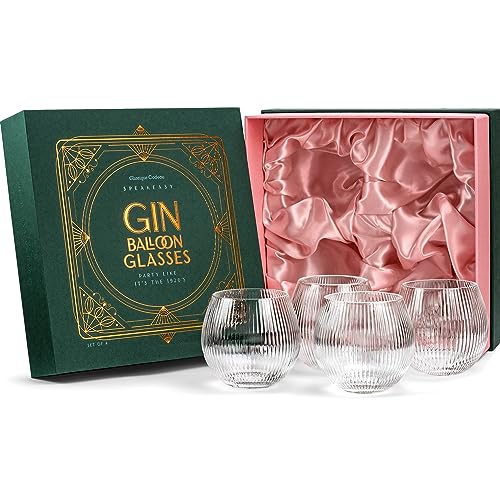 GLASSIQUE CADEAU Vintage Art Deco Gin and Tonic Balloon Glasses | Set of 4 | 13.5 oz Stemless Crystal Copas for Drinking Gin Cocktails | Retro Gift Goblets for Gin Lovers | Bubble Cups for Bar Drinks