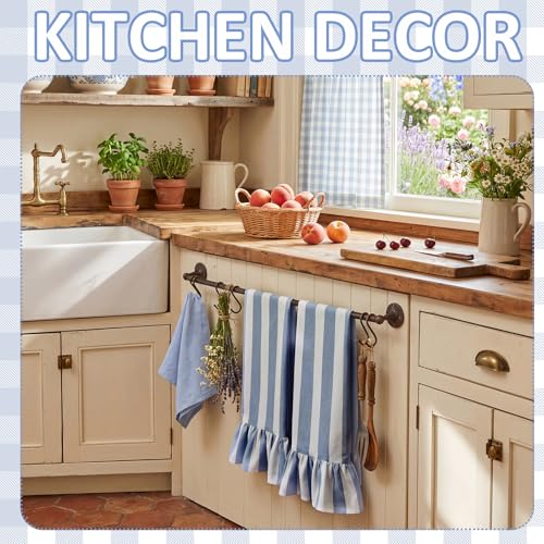 Blue Striped Kitchen Towels Set of 2, 100% Cotton Ruffled Striped Dish Towels 18"x31" Absorbent Tea Cloths Classic Pattern for Farmhouse Charm, Drying Dishes, Entertaining Guests - color: Blue