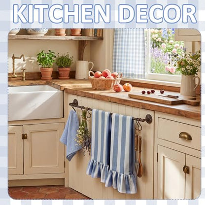 Blue Striped Kitchen Towels Set of 2, 100% Cotton Ruffled Striped Dish Towels 18"x31" Absorbent Tea Cloths Classic Pattern for Farmhouse Charm, Drying Dishes, Entertaining Guests - color: Blue