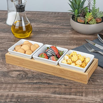 Restaurantware-6 Ounce Bowl Set with Tray - 1 Dishwashable Serving Set, Includes 3 Porcelain Bowls And 1 Bamboo Tray, Durable, White Porcelain And Bamboo Bowl And Platter Kit, Reusable, Freezable - size: Triple set, style: Modern