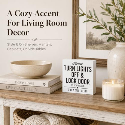 Home Safety Reminder Sign White Wood Box Plaque, Turn Lights Off and Lock Door as You Leave Farmhouse Tabletop Shelf Accent for Entryway Office 5x5 Inches - color: Homre Sign 26