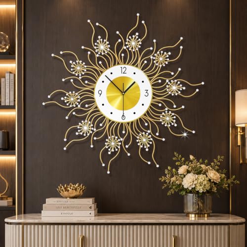 FLEBLE Decorative Large Wall Clocks Modern Clock Silent Battery Operated | Big 24inch Gold Analog Clocks for Living Room, Kitchen, Home, Bathroom, Bedroom Sunburst Crystal Flower Metal Wall Decor - color: Gold23