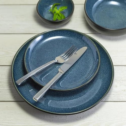 Sango 16-Piece Stoneware Dinnerware Set for 4, Glossy Black/Blue Big Dinner Plates and Bowls Sets with Reactive Glaze, Ceramic Dish Set, Modern Beautiful Dishes, Microwave & Dishwasher Safe, Resona - color: Blue, size: 16-Piece Set