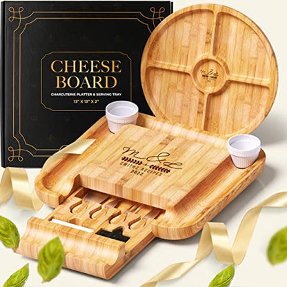 Personalized Bamboo Cheese Board and Knife Set - Custom Engraved Platter Serving Tray with Slide Out Drawer & 4 Stainless Steel Knives - Unique Gift Set for Anniversary, Wedding (Design 8) - color: Design 8