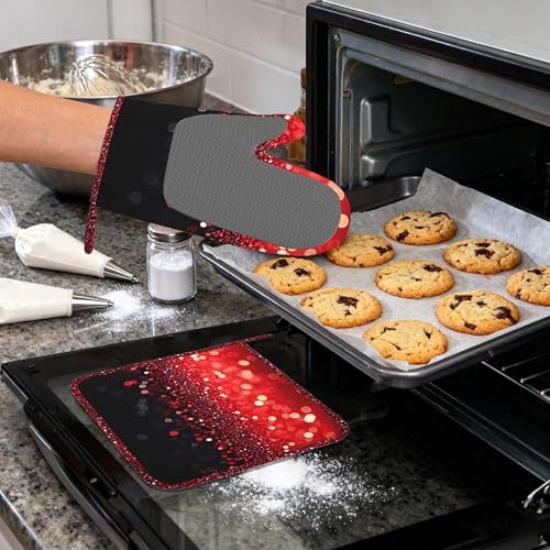 Red Gradient Sparkle Heat-Resistant Silicone Oven Mitts and Pot Holders,Long Oven Gloves with Non-Slip Grip for Cooking, Baking, Grilling,BBQ - color: Red Gradient Sparkle