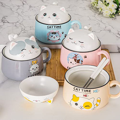 Ramen Bowl Set with Chopsticks, Cute Cat Instant Ramen Noodle Bowls with Lid, 34.5 OZ Extra Large Ceramic Soup Bowls with Handle, Japanese Ramen Cooker, Microwave safe (Blue) - color: Blue