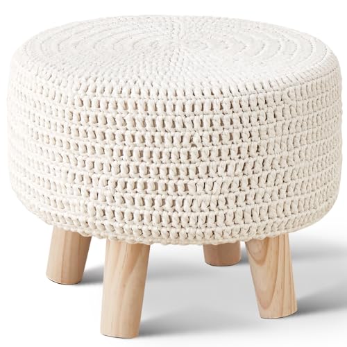 Wimarsbon Pouf Ottoman, 100% Cotton Knitted Boho Footstool, Round Footrest with Non-Skid Wood Legs, Home Décor Handmade Pouffe, Leisure Floor Step Stool for Living Room (Beige) - color: Beige