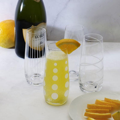 Mikasa Cheers Stemless Flutes, 7.5 Oz - Clear, Set of 4 | Lead-Free Crystal Drinkware with Dot, Line & Swirl Designs for Champagne, Prosecco, Cocktails & Mimosas, Dishwasher Safe - style: Stemless Flutes