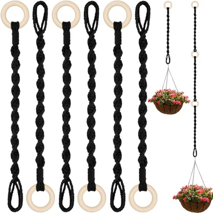 6 Pack Adjustable Macrame Plant Hanger Extender Handmade Woven Hanging Basket Extenders Connectable Rope Hanging Extension with Wooden Ring for Indoor Outdoor Plant Pot Holder(Black) - color: Black