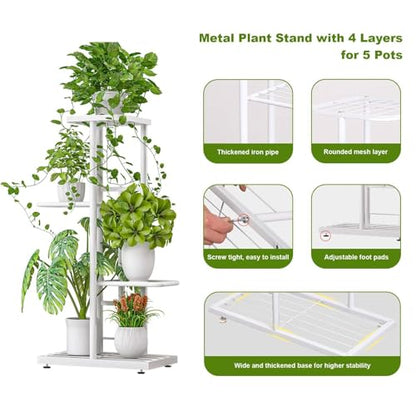 Metal Plant Stand Indoor Outdoor, 4 Tier 5 Potted Plant Shelf, Anti Slip Waterproof Flower Holders, Planter Shelf Display Rack Storage Organizer for Living Room Patio Lawn Balcony Garden